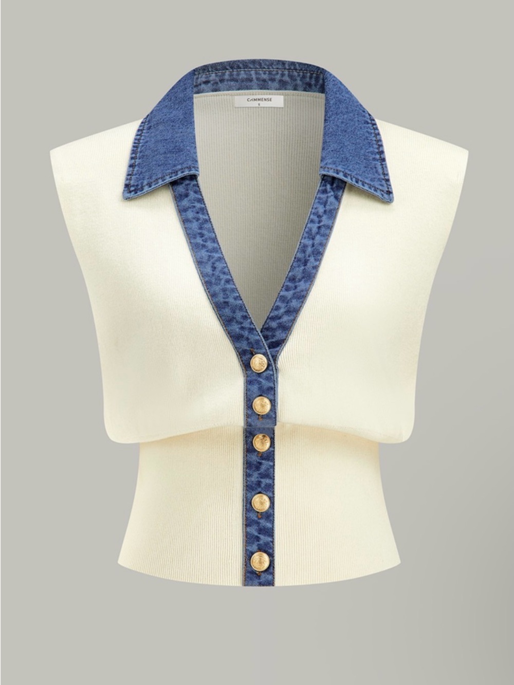 Commense Cream Knit Vest with Blue Denim Trim